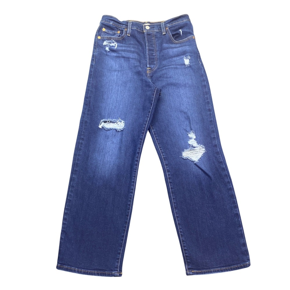 Levis Ribcage Straight Ankle Jeans Dark Wash Distressed Denim‎ 29 Grunge Retro